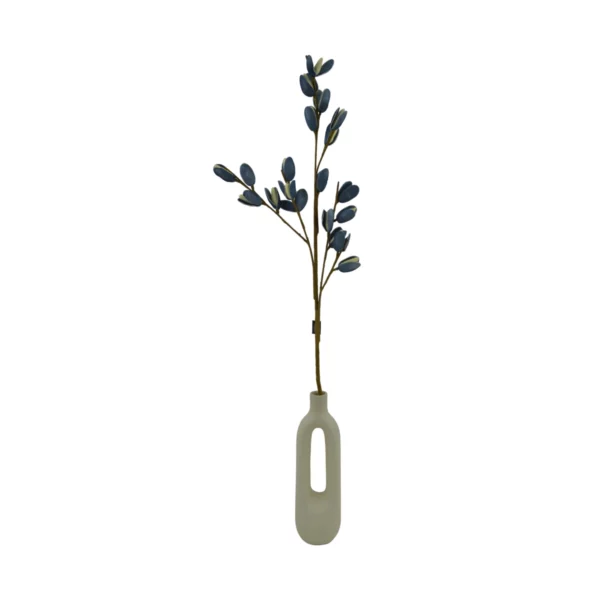 A minimalist vase with a modern design, holding a single branch with dark green leaves and an elegant silhouette.