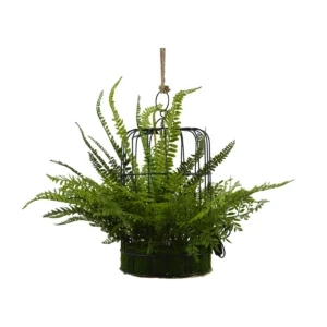 Artificial Hanging Fern In A Decorative Bird Cage - Green, 38 cm
