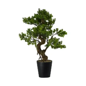 Artificial Cypress Bonsai Tree – Natural Twisted Trunk In Black Round Pot - Green, 90 cm