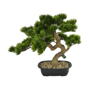 Artificial Japanese Pine Bonsai Tree In Black Pebble Pot - Green, 42 cm