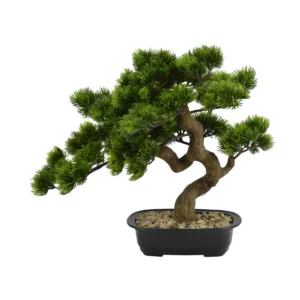 Artificial Small Japanese Pine Bonsai Tree In Black Oval Pot With Decorative Pebbles - Green, 42 cm