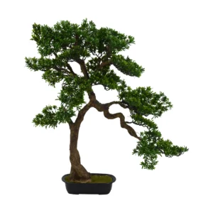 Elegant Artificial Podocarpus Bonsai Tree - Twisted Trunk In Rectangular Black Pot - Green, 105 cm