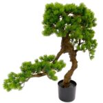 Artificial Japanese Bonsai Pine Tree Pinie leaves Woud textured trunk black pot detailed shot