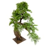 Large Artificial Japanese Bonsai Pine Tree 190 cm Pine Leaves , detailed shots, textured brown trunk wood like